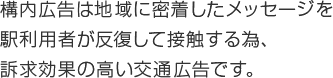 構内広告は地域に密着したメッセージを駅利用者が反復して接触する為、訴求効果の高い交通広告です。